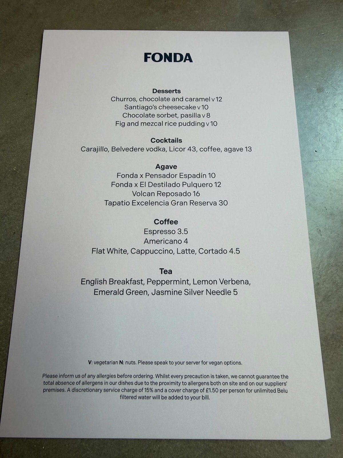 Food menu from our visit