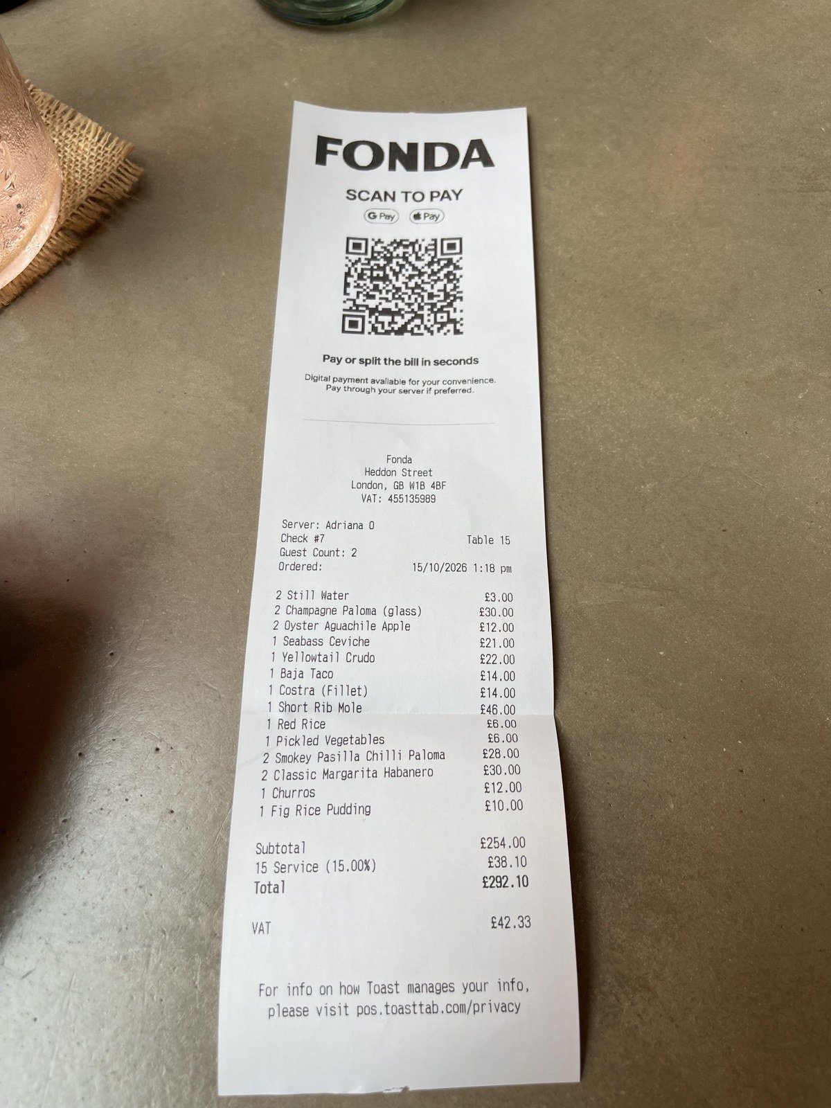 Our Fonda receipt